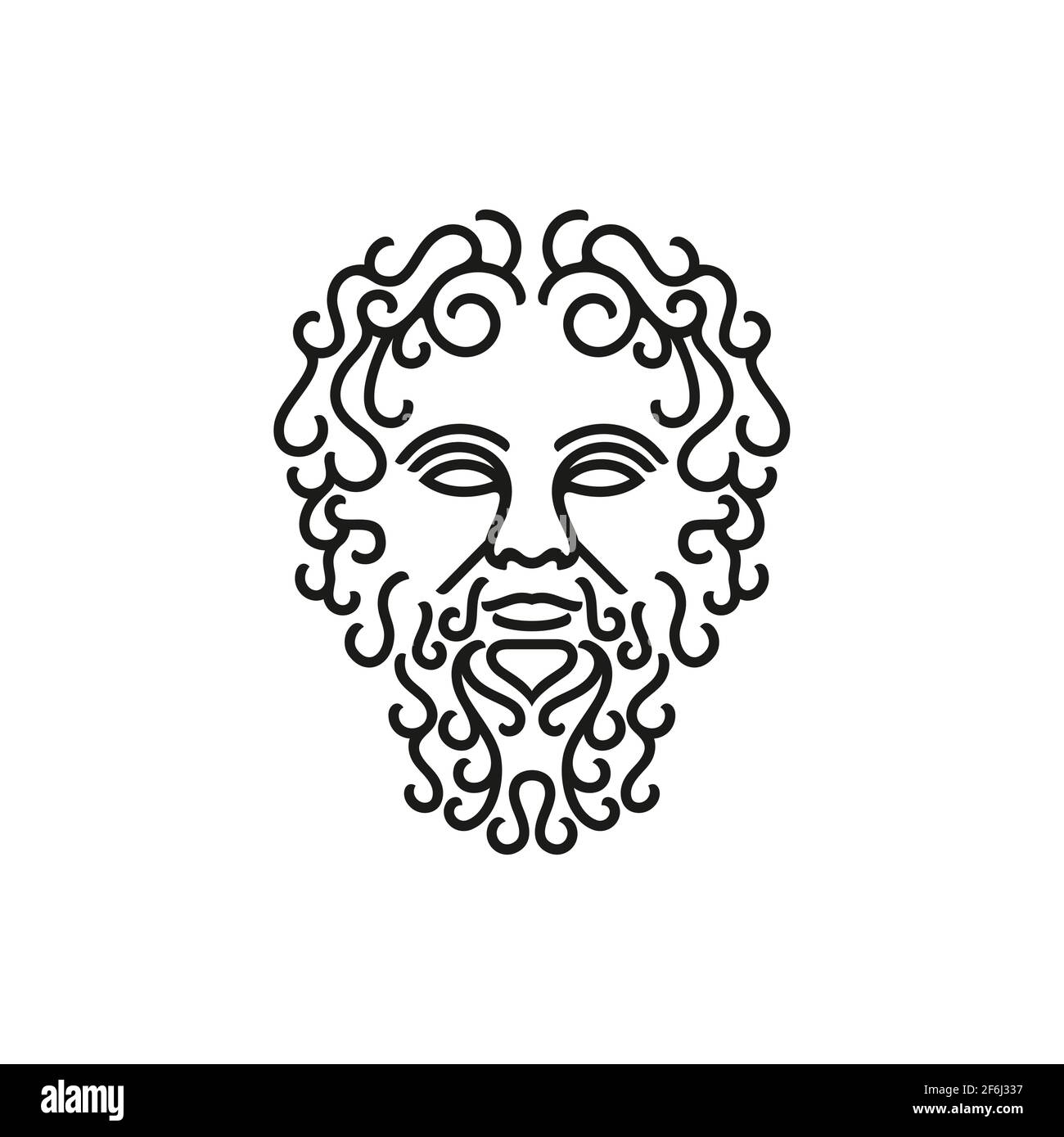 Greek god Zeus Line Art Logo. Ancient Greek God Sculpture Philosopher. Face Zeus Triton Neptune Logo Design Stock Vector