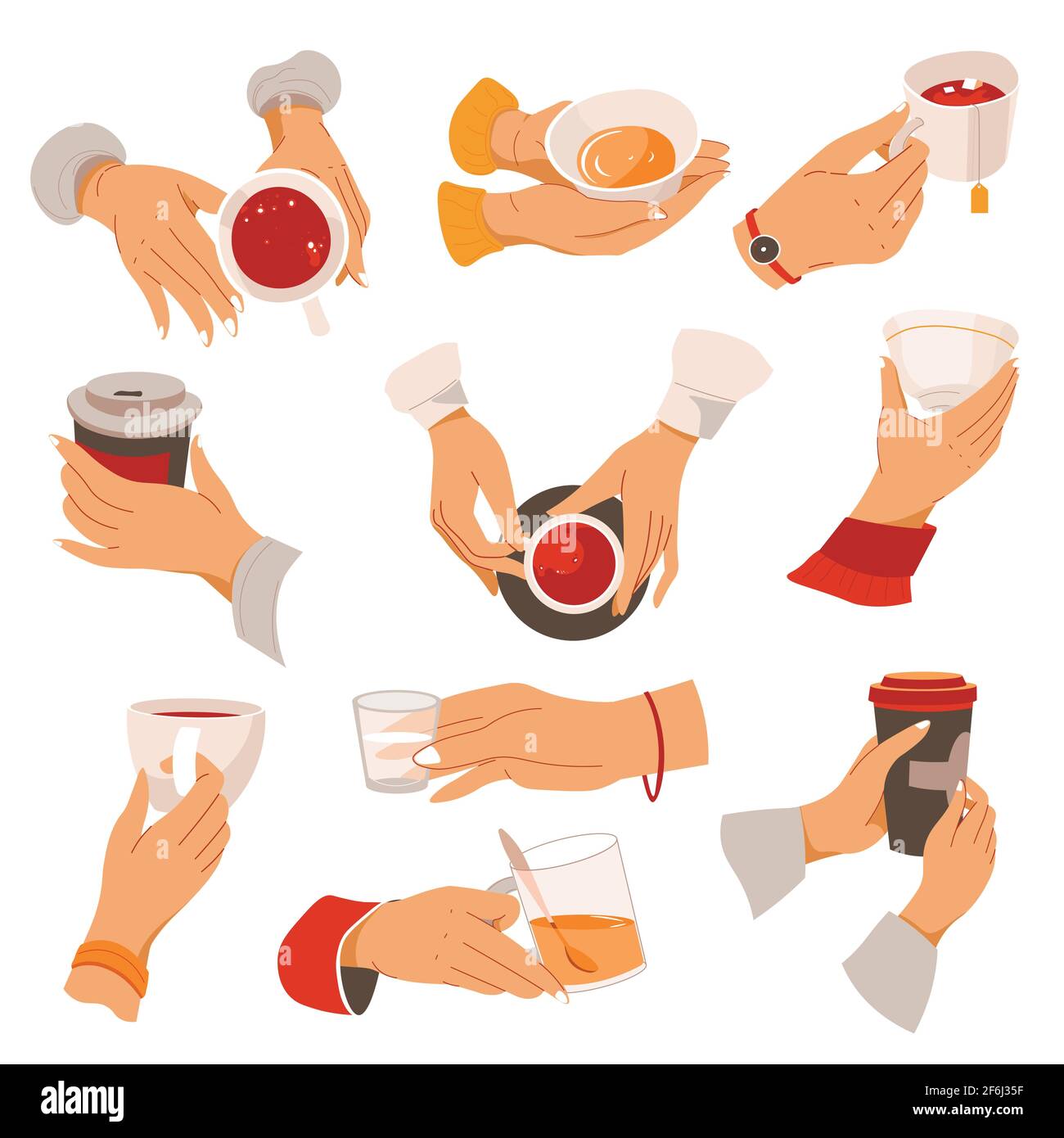 Coffee and tea time, drinking hot beverage hands Stock Vector