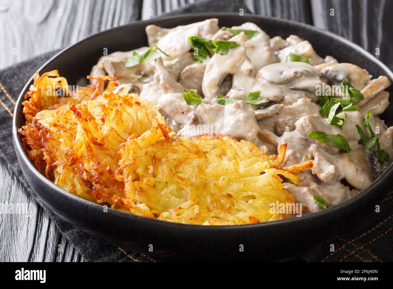 Zurich a classic Swiss Veal Dish closeup in the plate on