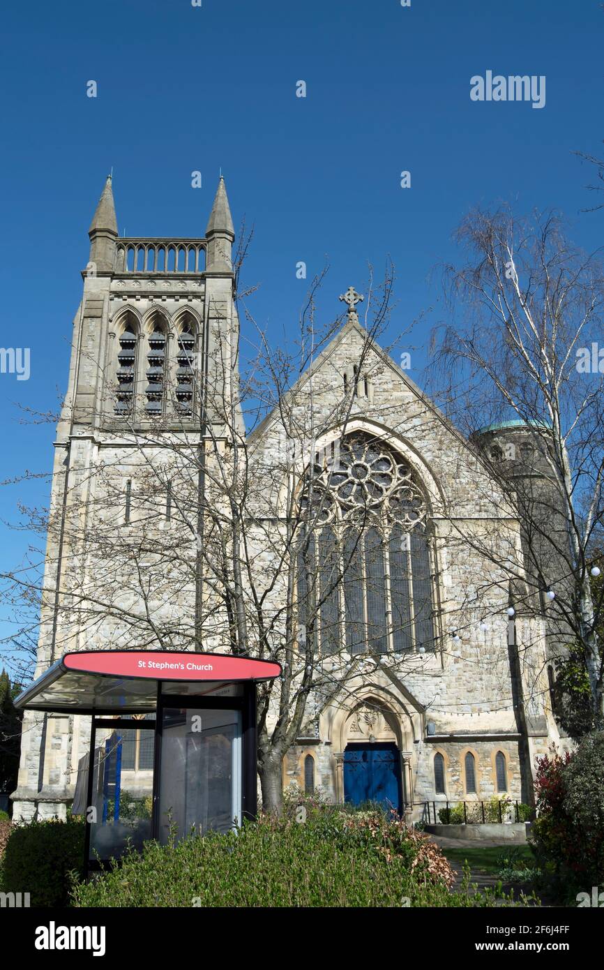 exterior of the 1874 st stephens church, east twickenham, middlesex, england, designed by lockwood and mawson, with bus stop named for the church Stock Photo