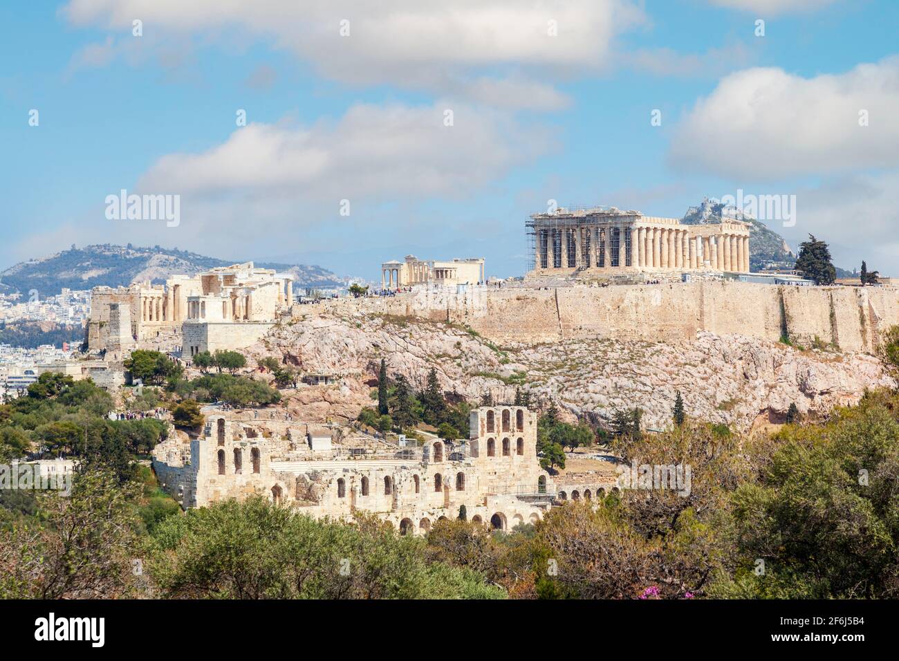 Parthenon view from Filopappou Hill. There can be seen the Parthenon temple, of 5th century BC, on the sacred Akropolis Hill, in Athens, Greece. Stock Photo