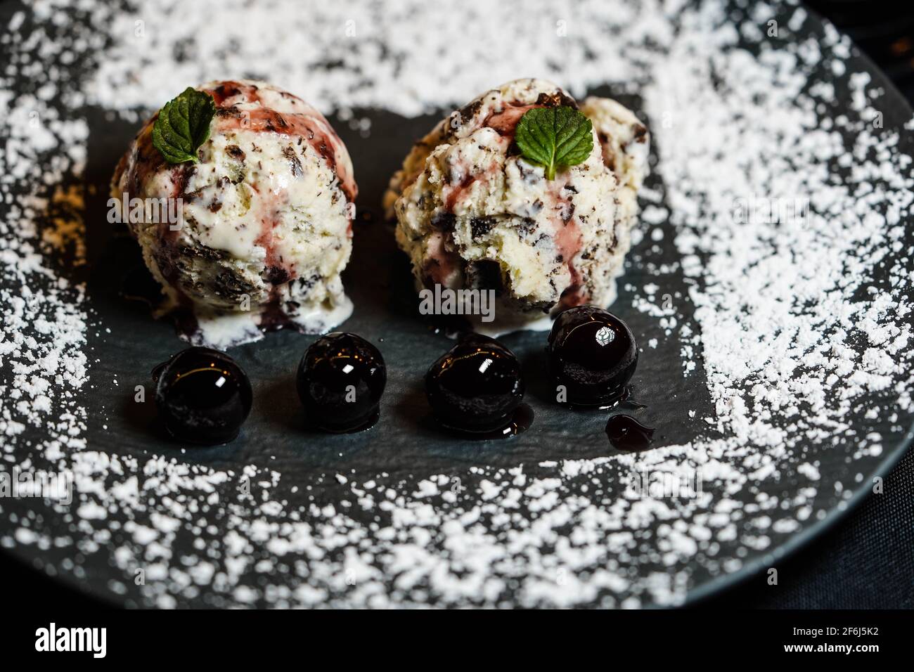 Stracciatella italian icecream with dark chocolate and Cherries Stock Photo