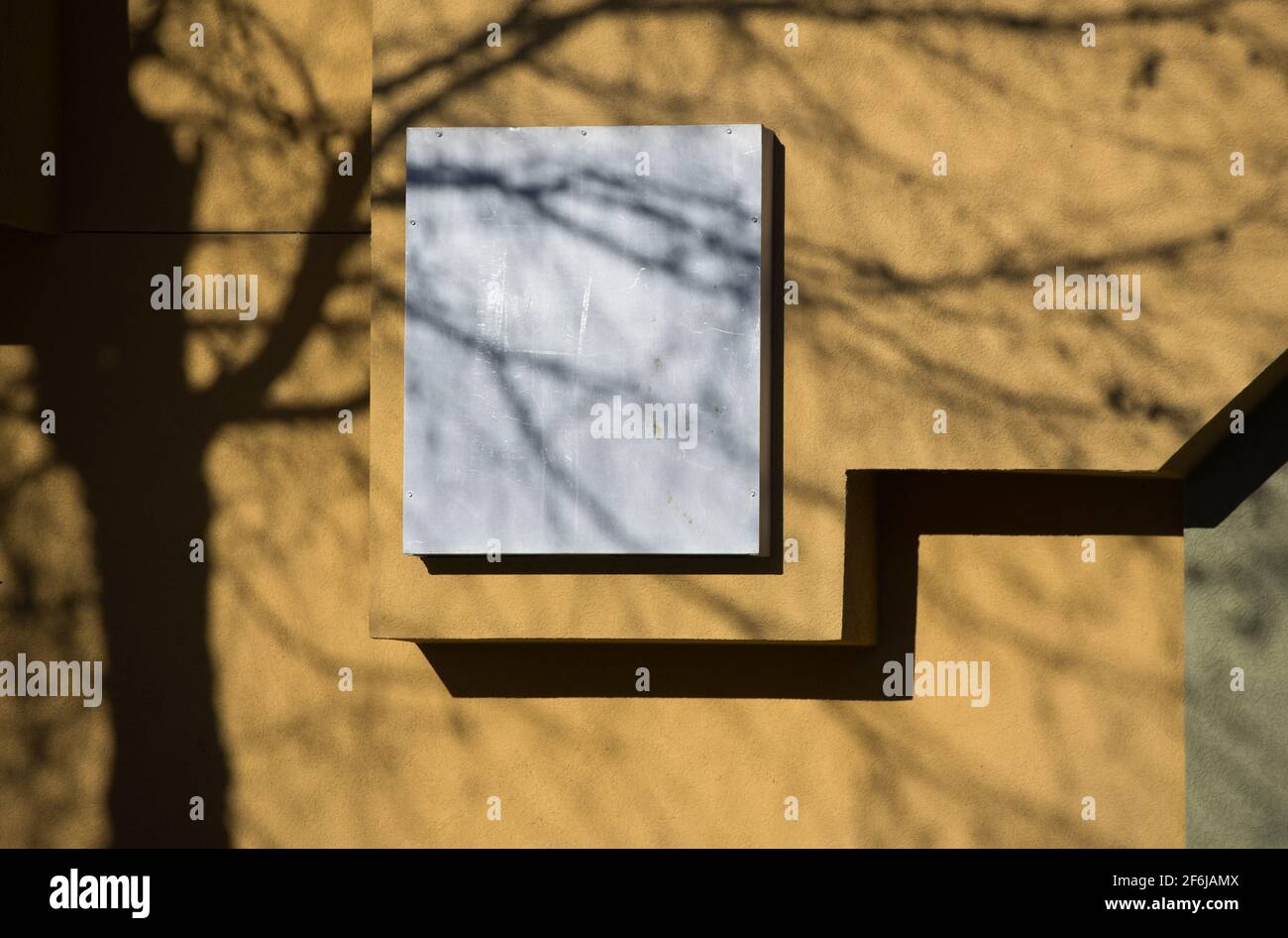 shadow of tree and branches cast on yellow concrete wall of building with architectural design grey square and zig zag line on home exterior wall Stock Photo