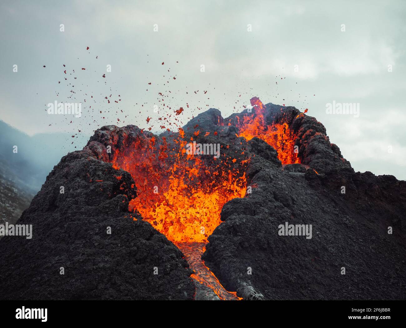 Iceland Volcanic eruption 2021. The volcano Fagradalsfjall is located in the valley Geldingadalir close to Grindavik and Reykjavik. Hot lava and magma Stock Photo