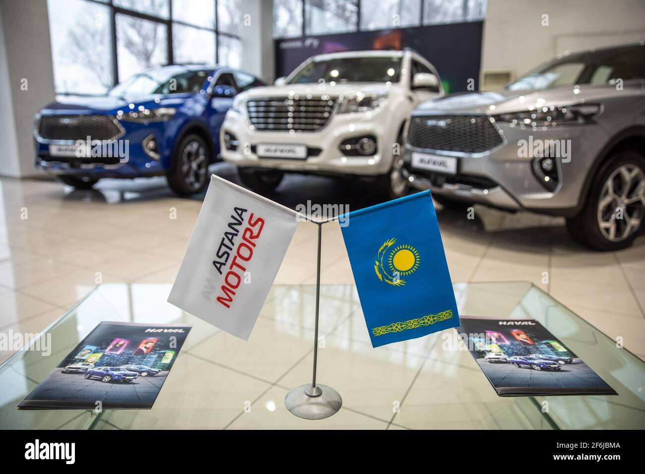 (210401) -- ALMATY, April 1, 2021 (Xinhua) -- Photo taken on April 1, 2021 shows HAVAL cars at a dealer shop in Almaty, Kazakhstan. Great Wall Motor Co., Ltd.'s HAVAL brand entered the Kazakhstan market on thursday, three main models of crossover vehicles F7, F7x and off-road vehicle H9 officially began the sales to Kazakhstan residents in Almaty. (Astana Motors/Handout via Xinhua) Stock Photo