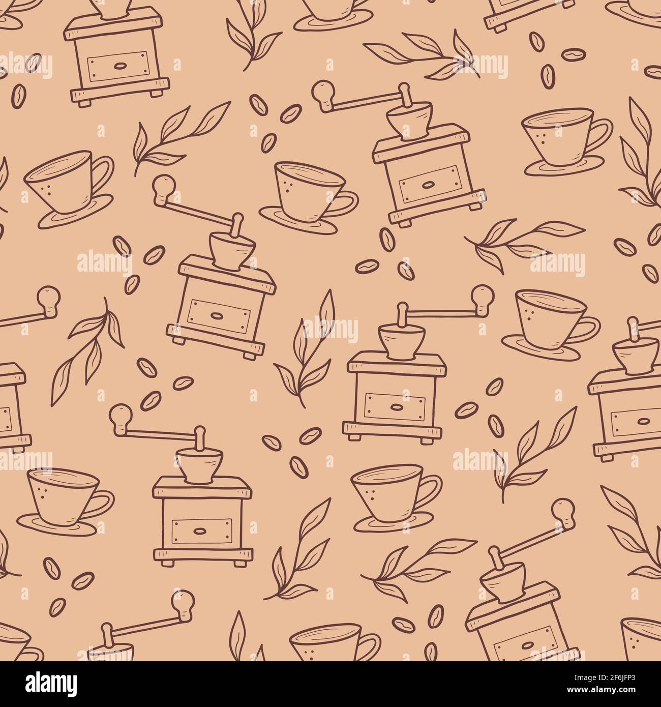 Seamless vector pattern of outline retro coffee grinders and cups amidst leaves and beans hand drawn in doodle style Stock Vector