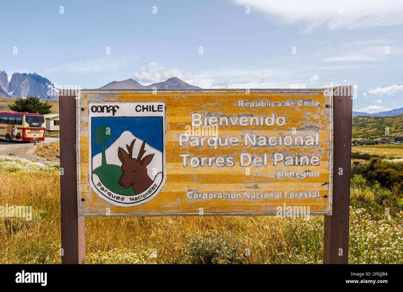 Name sign at the entrance to the Laguna Amarga viewpoint in Torres del Paine National Park, Patagonia, southern Chile Stock Photo