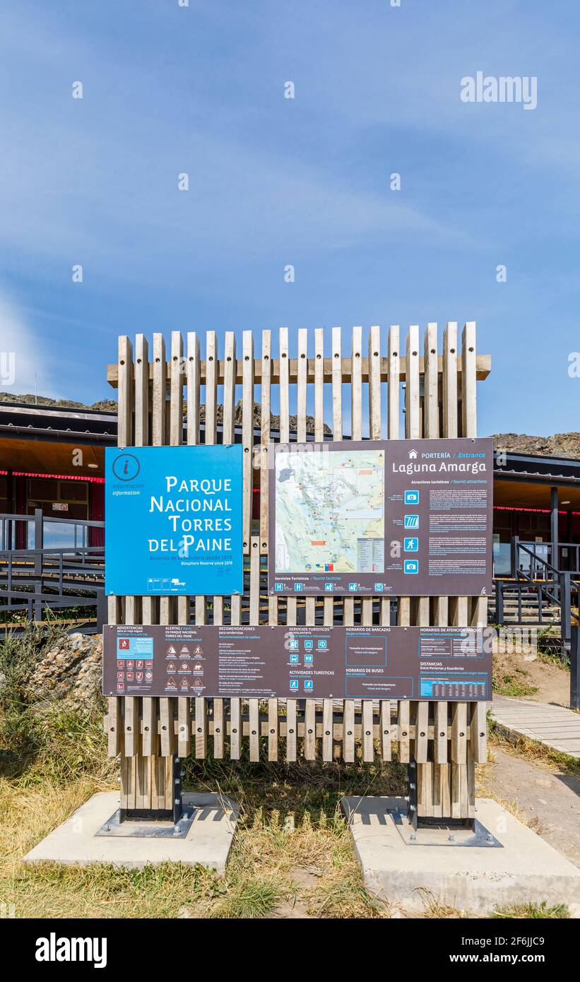 Information sign about the region of Laguna Amarga in Torres del Paine National Park, Patagonia, southern Chile Stock Photo