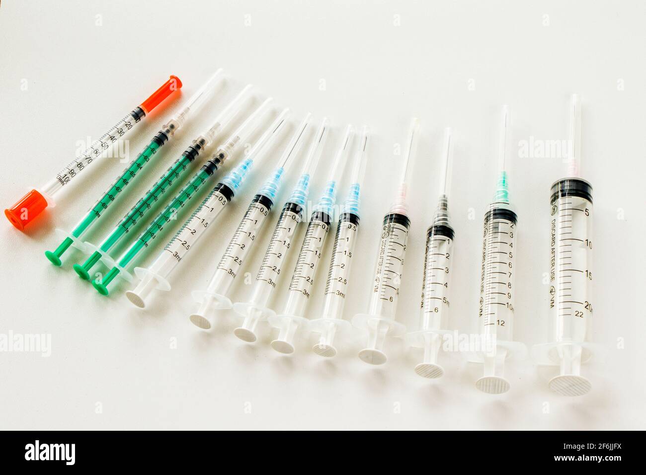 Set of medical empty needles, big and insulin needles on the white