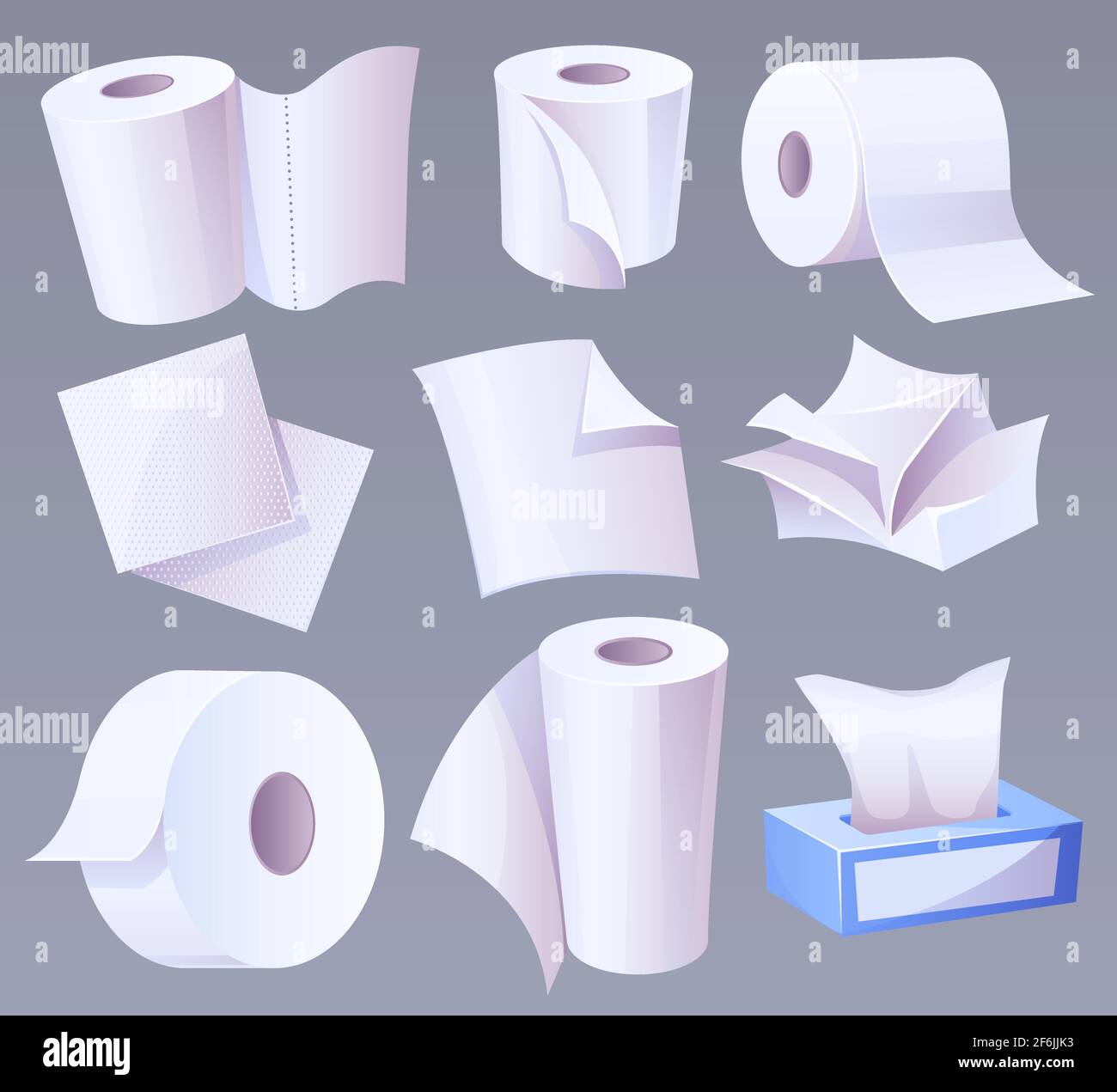 Cellulose production toilet paper, towel with perforation, napkins in carton box, crumpled page and rolls. Hygiene or office accessories isolated on grey background, Cartoon vector illustration, set Stock Vector