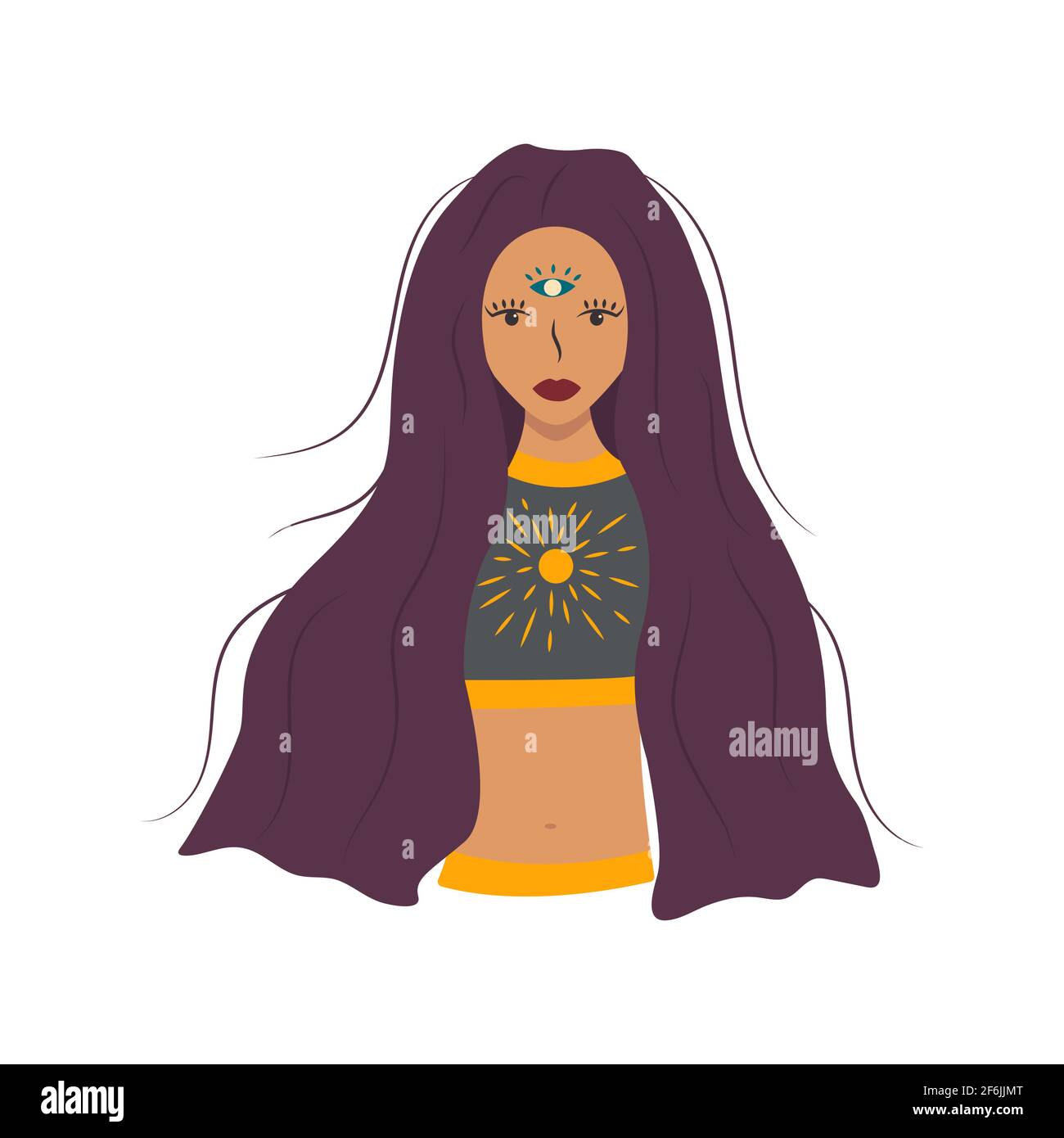 Beautiful girl with long hair, a third eye in her forehead, bright sun on her chest. Enlightened, awakened girl. Self-knowledge, spiritual development Stock Vector