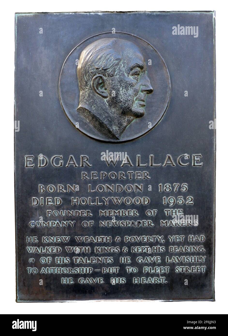 London, England, UK. Plaque dedicated to Edgar Wallace in Ludgate Circus, EC4: 'Edgar Wallace, reporter. Born London 1875. Died Hollywood 1932. Founde Stock Photo