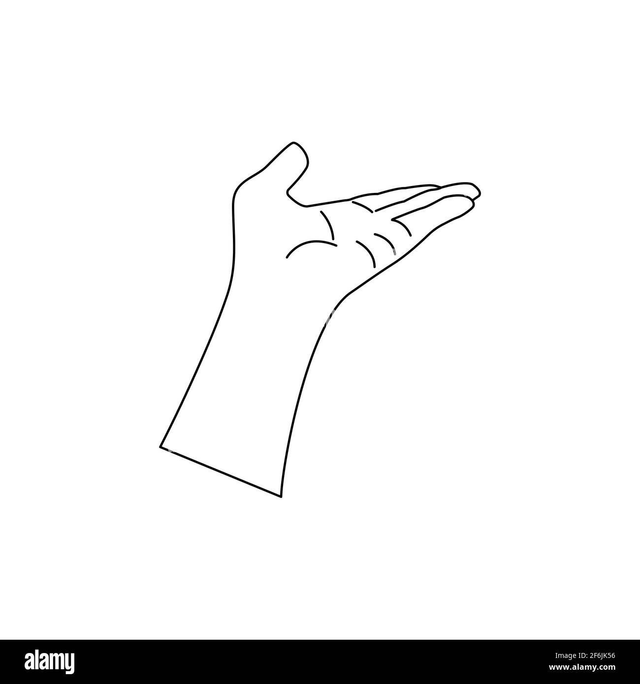 Human hand to the wrist, gesturing. Linear vector black and white illustration in hand drawn, minimalistic trendy icon. Doodle isolated Stock Vector