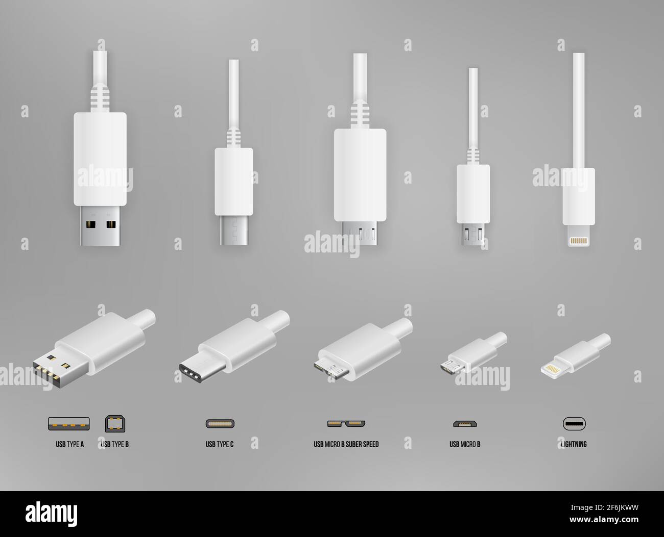 Top and perspective 3D view Vector white colored USB standart type A and type C plugs, micro, lightning, universal computer cable connectors, vector i Stock Vector