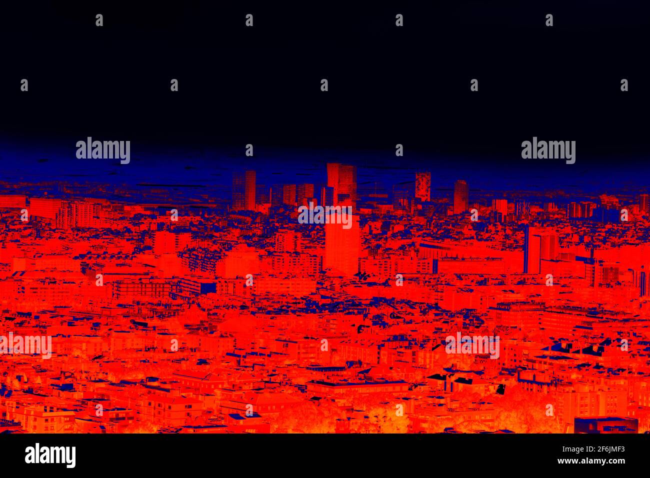 Night city in infrared light, black light. The city is a giant heat emitter and this leads to thermal pollution of the Earth's atmosphere, bionomics a Stock Photo
