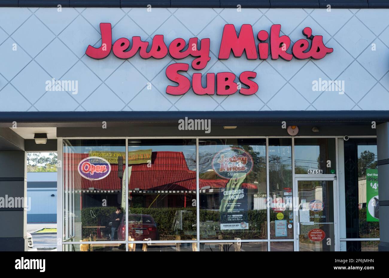 Houston, Texas USA 03-26-2021: Jersey Mike's Subs exterior in Houston, TX. American submarine sandwich chain store founded in 1956. Stock Photo