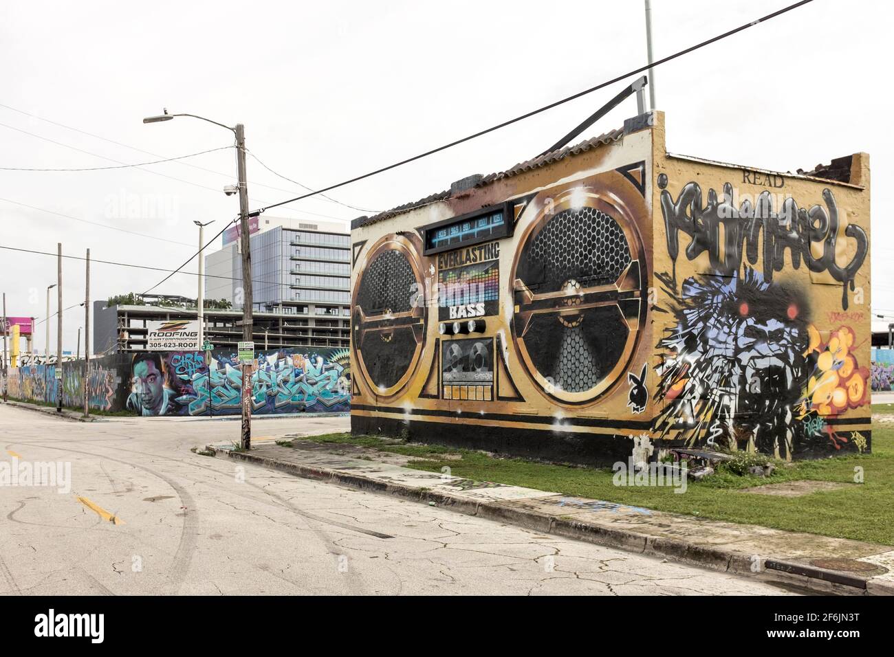An abandoned building painted to resemble a boom box in the Wynwood Art