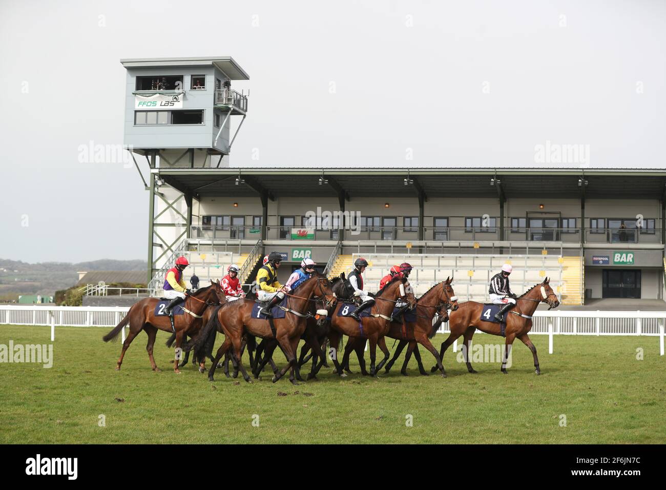 Runners and riders line up prior to the Trustmark Design & Print NovicesÕ  Handicap Chase at Ffos Las Racecourse. Picture date: Thursday April 1, 2021  Stock Photo - Alamy