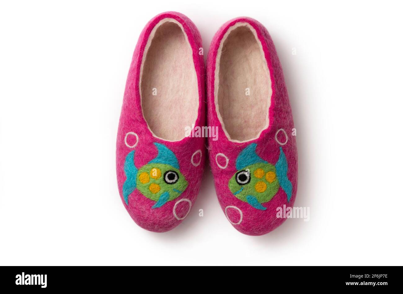 Felt slippers on white background in closeup Stock Photo