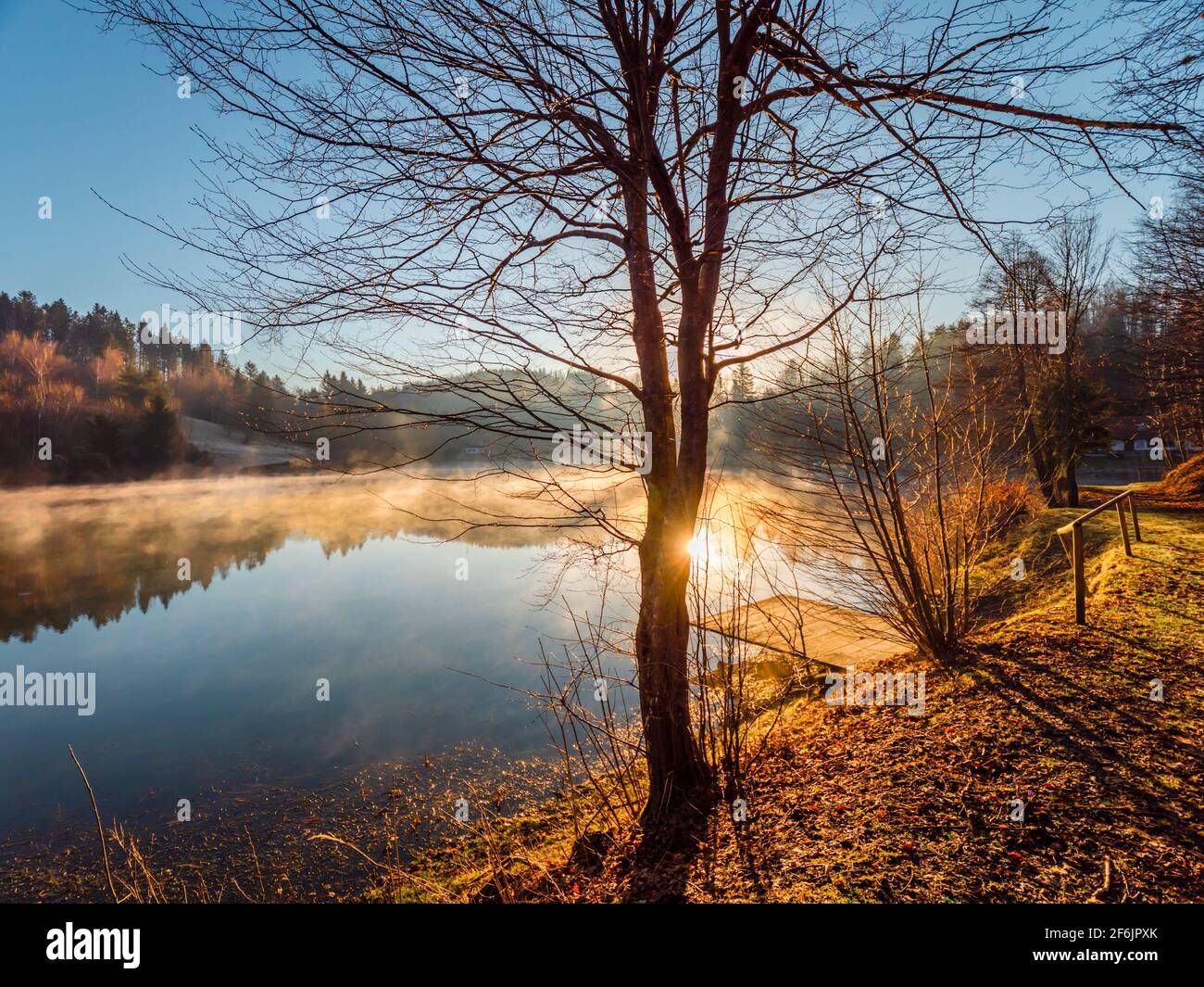 Dawn early morning sunrise on lake Mrzla vodica in Croatia Europe Stock Photo