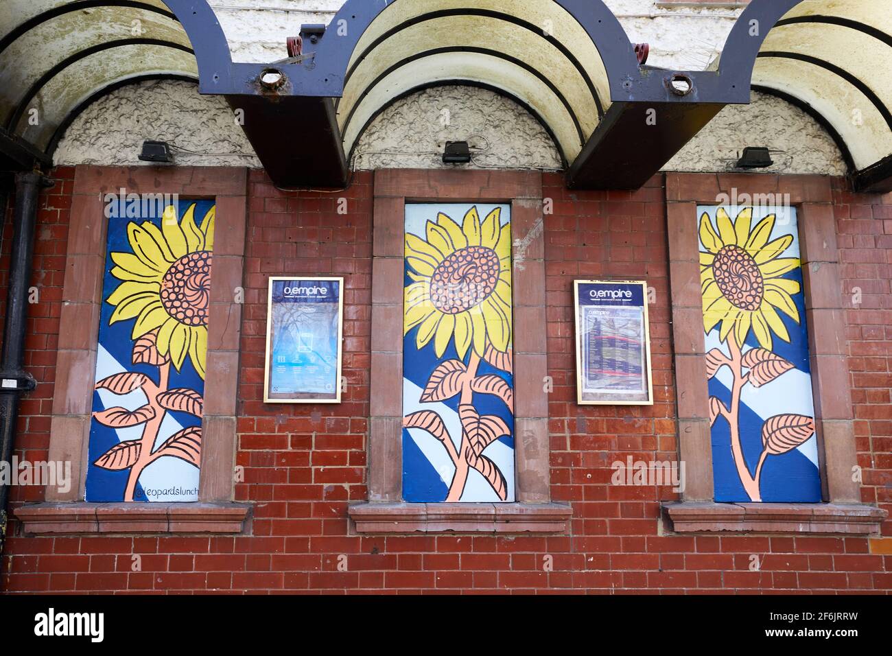 London, UK - 30 Mar 2021: The exterior of the O2 Empire Shepherd's Bush, whose doors and booking hall windows have recently been decorated in a mural by Arlo Parks in aid of Women's History Month. Stock Photo