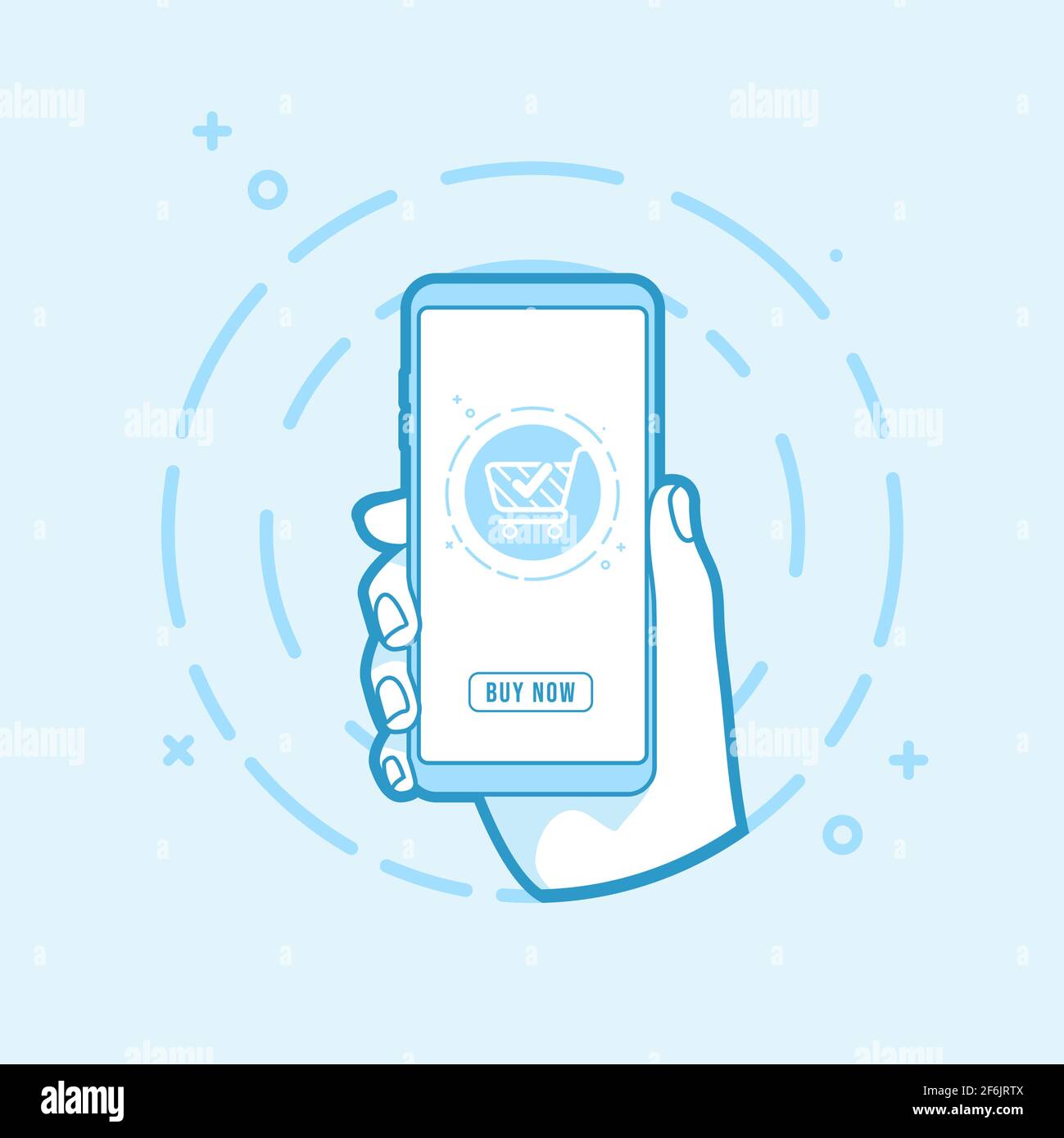 Online shopping concept. Hand holding smartphone icon in line style. Stock Vector