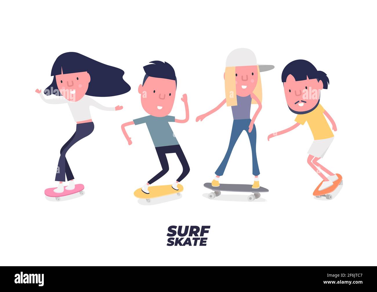 The skateboarders set. Young Boy and girl surf on skateboard or surf skate.  People on skates. Funny cartoon character Stock Vector Image & Art - Alamy