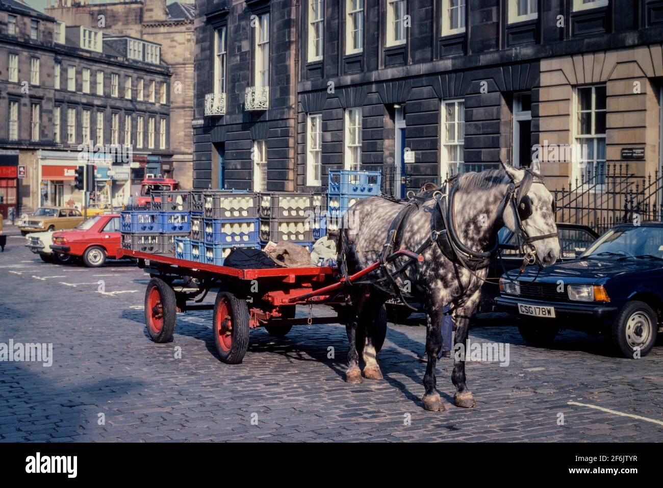 Horse drawn mik cart Edinburgh 1981 Stock Photo Alamy