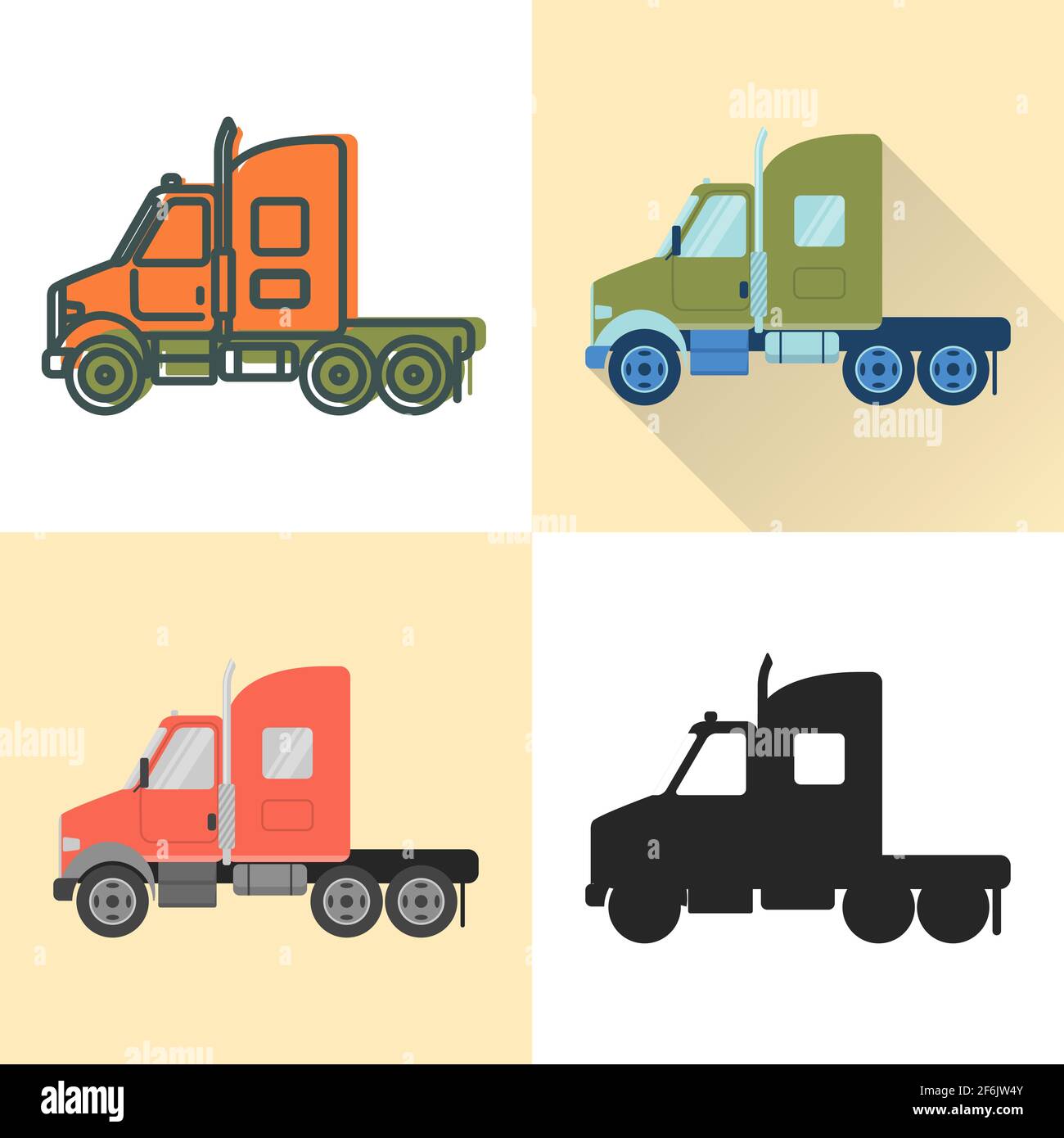 Tractor truck icon set in flat and line styles. Semi-trailer vehicle ...