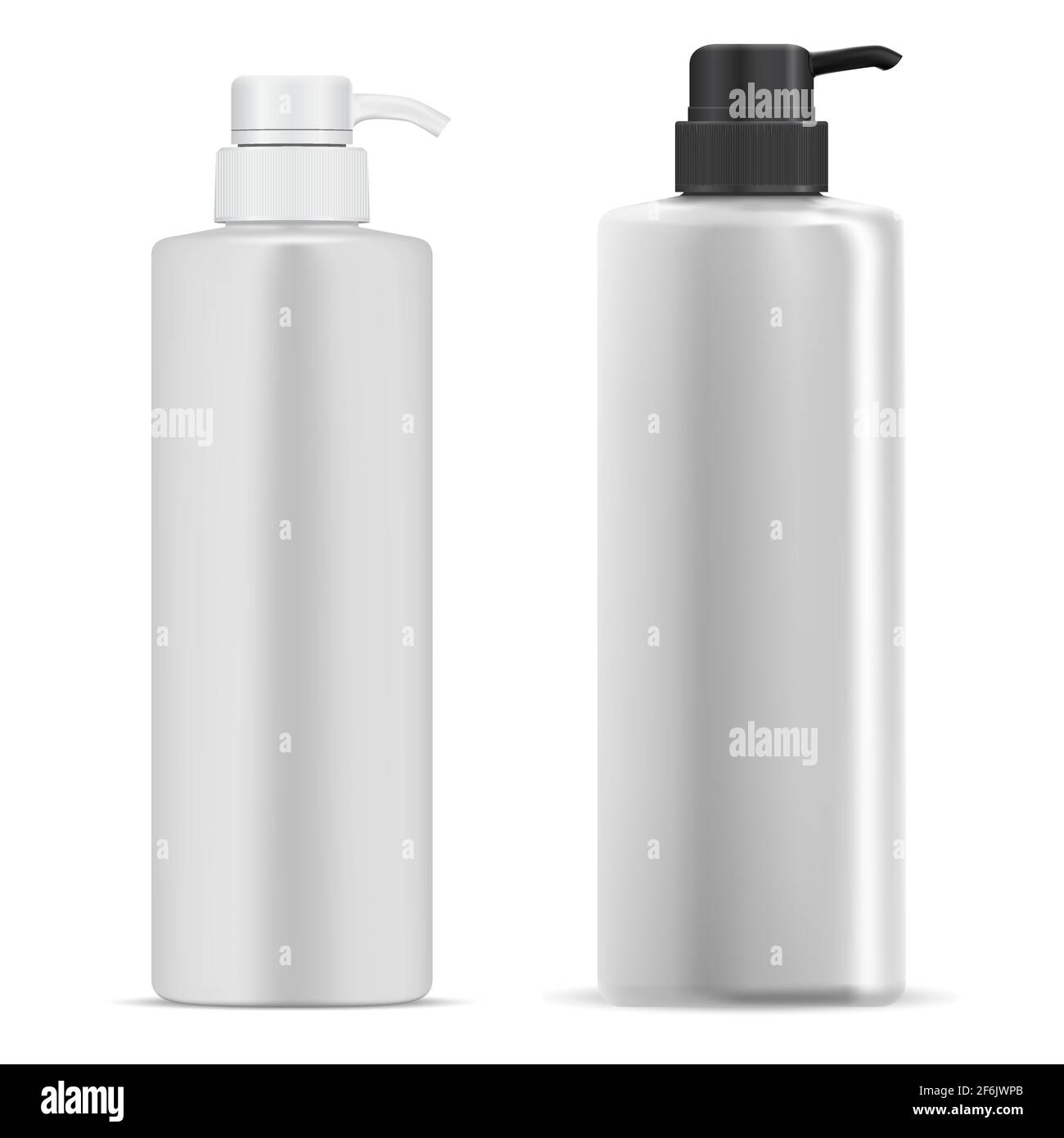 Pump bottle. Cosmetic lotion dispenser white plastic mockup. Moisturizer product container, realistic vector template. Pump batcher bottle, detergent Stock Vector