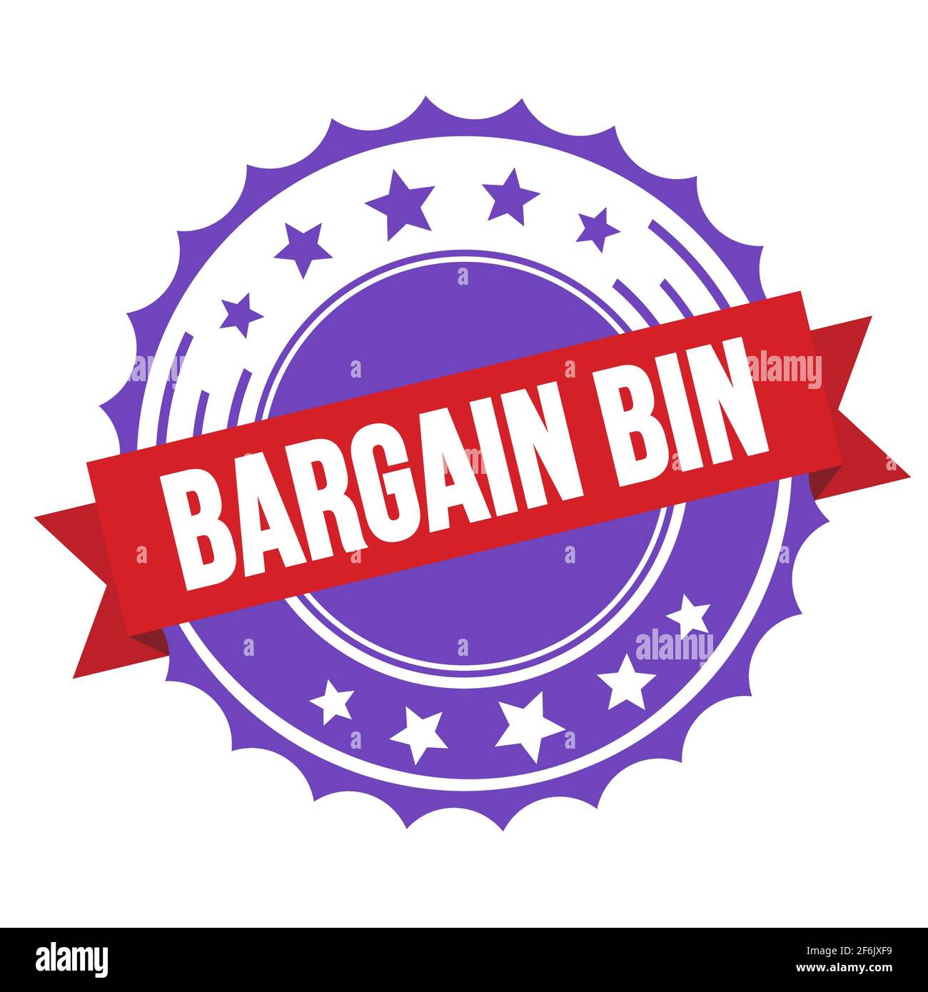 BARGAIN BIN text on red violet ribbon badge stamp. Stock Photo