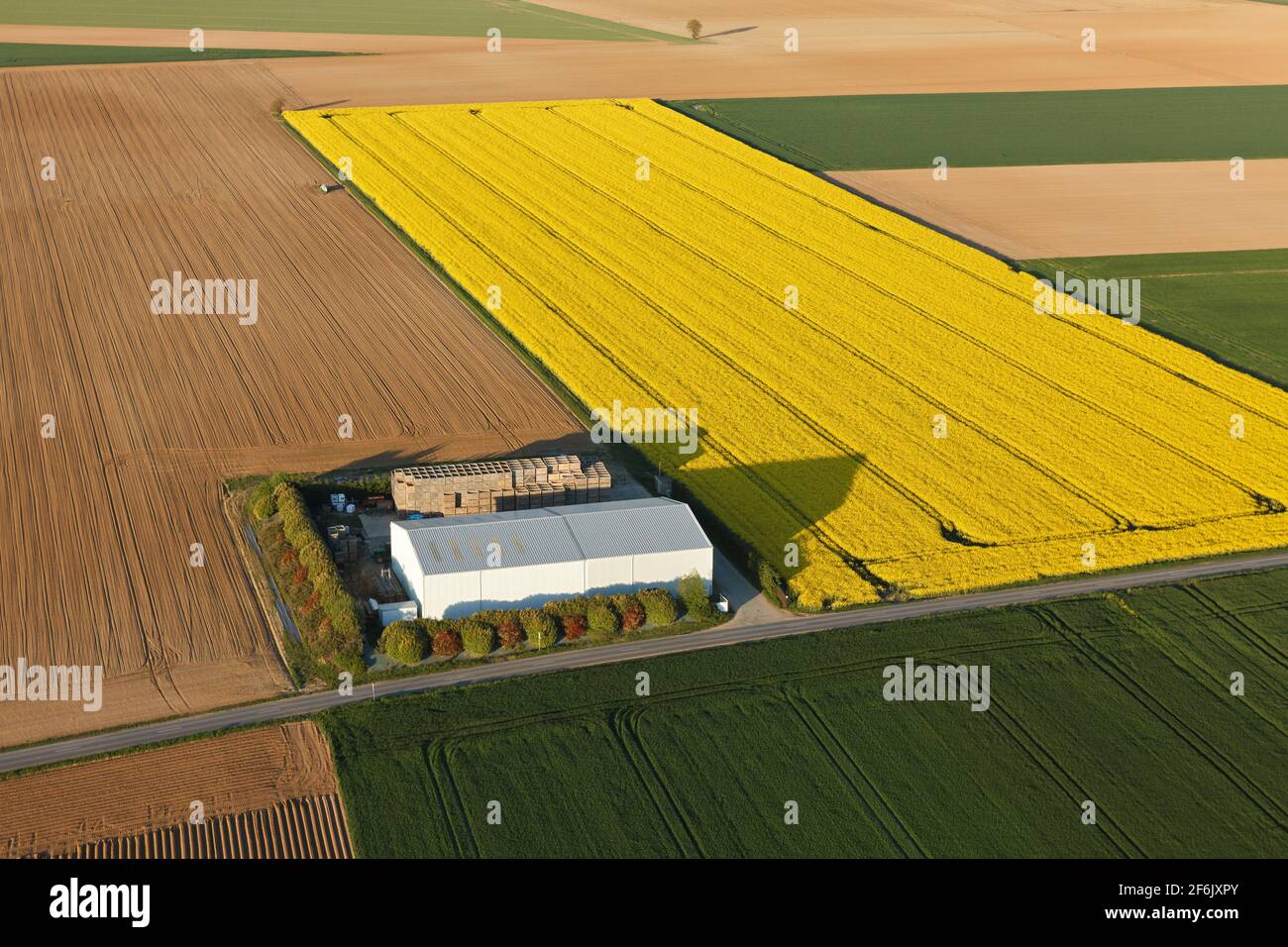 Aerial photograph of a farm in a rapeseed field in Ablis, in Yvelines, Île-de-France region, France. - Stock Image