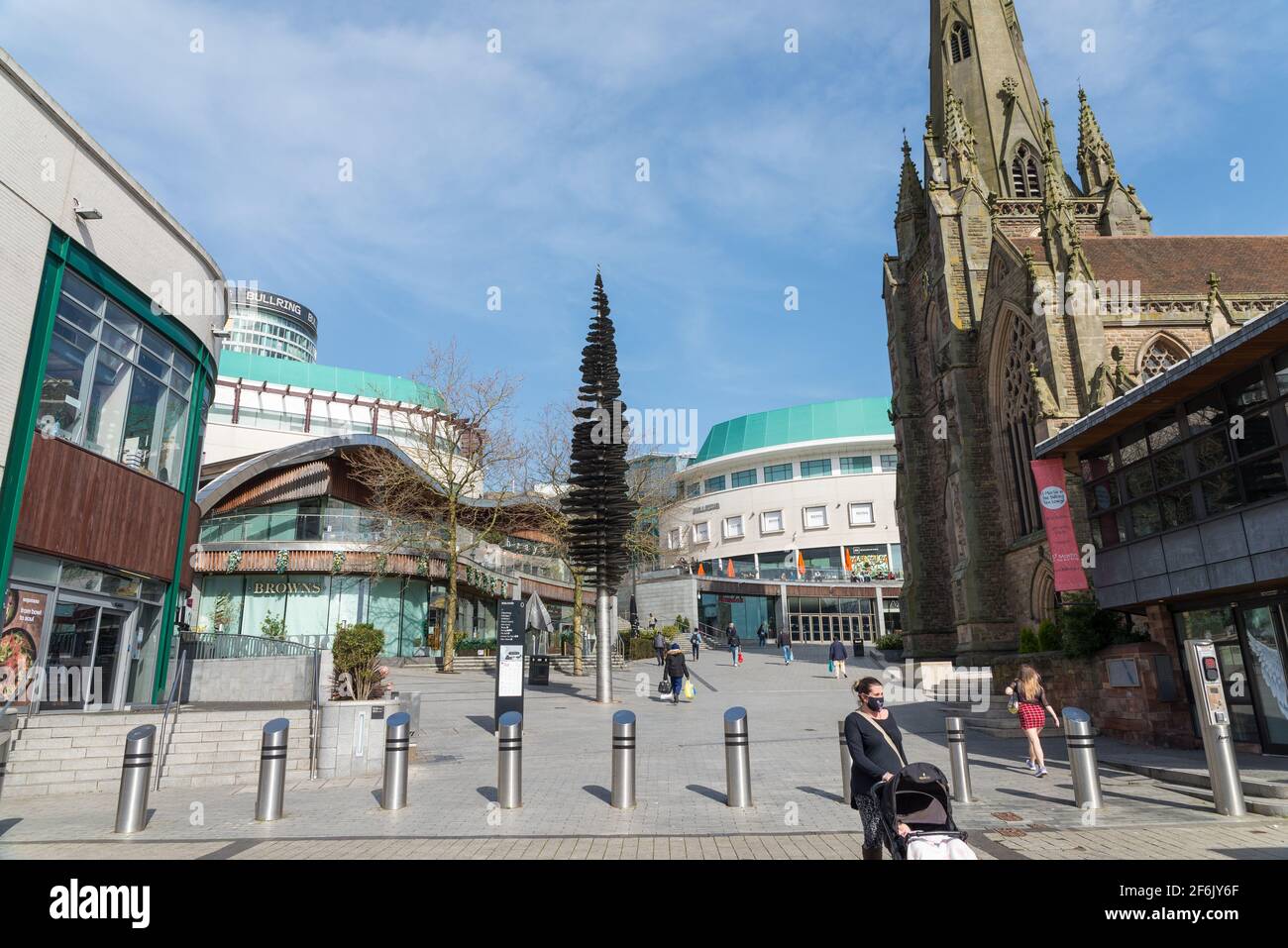 The outdoor area of the Bullring Shopping Centre in Birmingham during lock-down when non-essential shops were closed Stock Photo