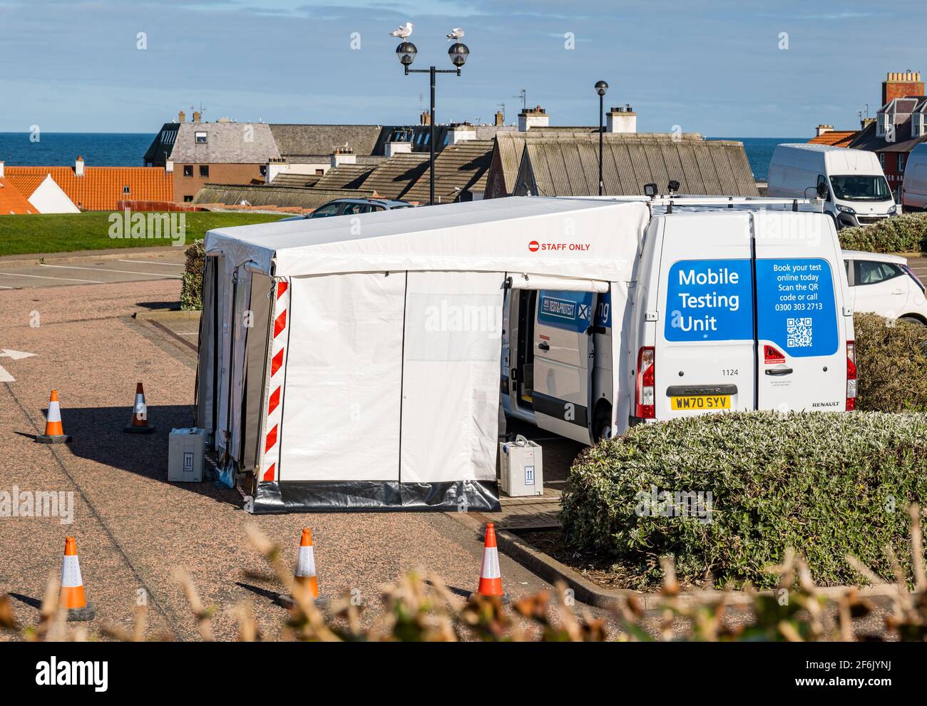Dunbar, East Lothian, Scotland, United Kingdom. 1st Apr, 2021. Mobile asymptomatic Covid-19 testing unit: This is one of two mobile Covid-19 asymptomatic testing units deployed in East Lothian to help identify positive cases and break chains of transmission. People with no symptoms of Covid-19, but who may be infectious and spreading the disease without knowing it, can attend on a walk-in basis or book a test online. There were no takers within a half hour period Stock Photo