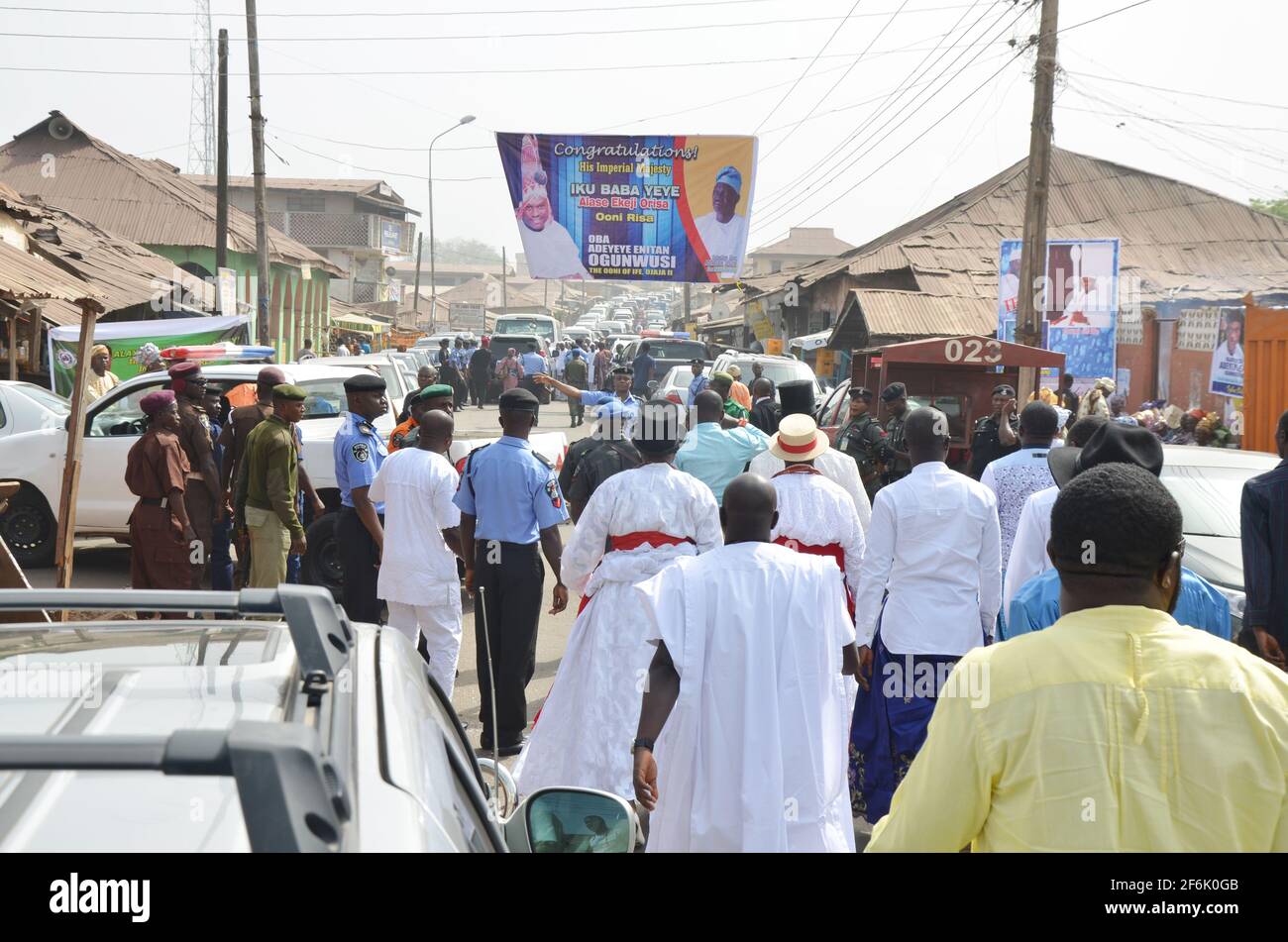 People arriving at Ile-Ife, Osun State, Nigeria during the coronation ceremony of Ooni of Ife, Oba Adeyeye Enitan Ogunwusi, Ojaja II. Stock Photo