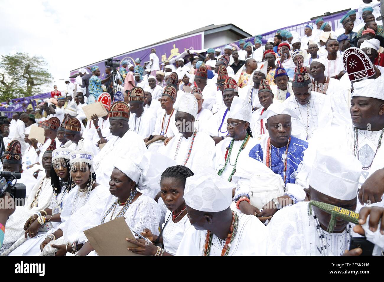 Ooni of Ife chiefs (Sooko) in their traditional costume during the Olojo Festival, Osun State, Nigeria. Stock Photo