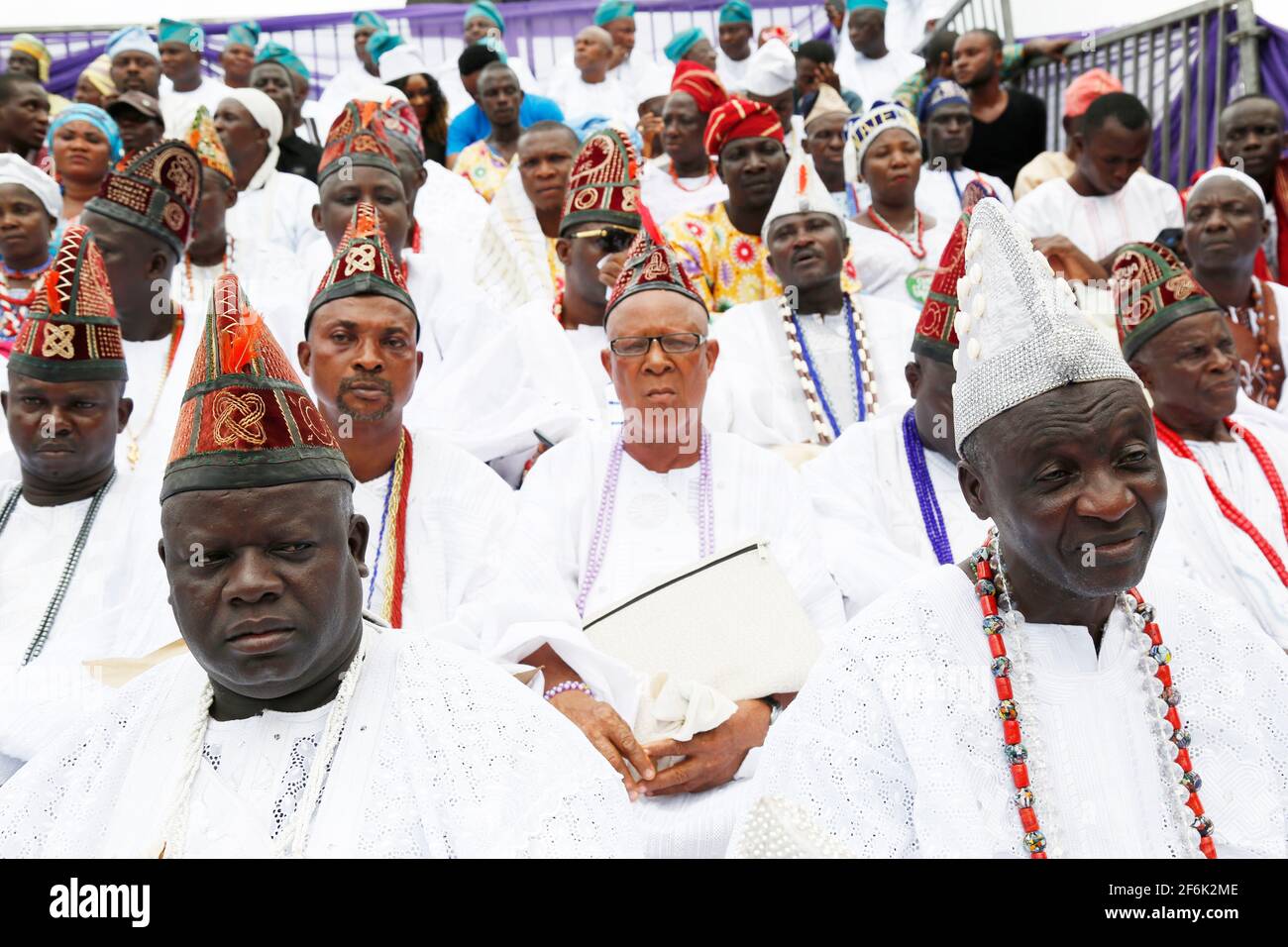 Ooni of Ife chiefs (Sooko) in their traditional costume during the Olojo Festival, Osun State, Nigeria. Stock Photo