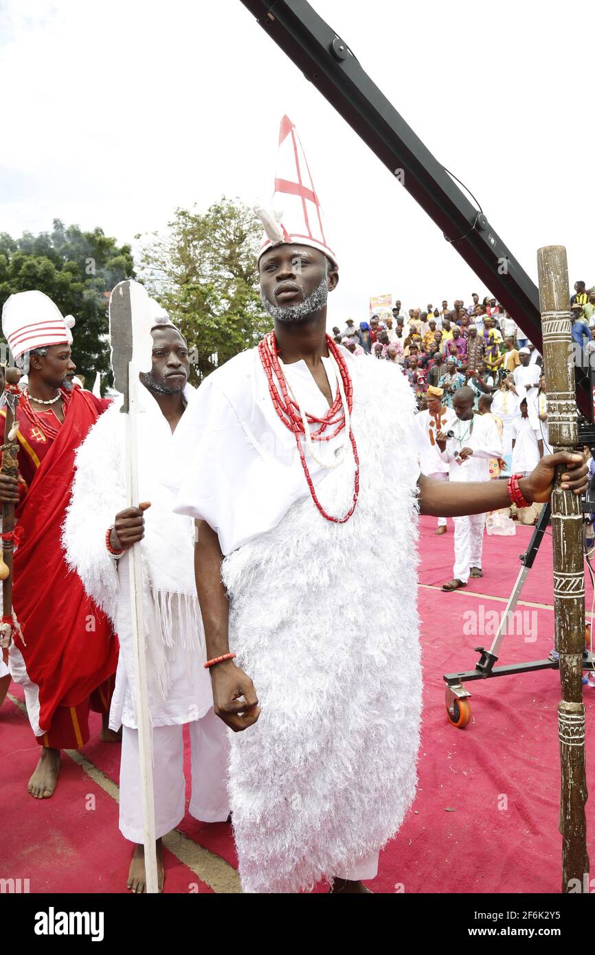 A young man in Yoruba traditional attire during the Olojo Festival, Ile-Ife, Osun State, Nigeria. Stock Photo