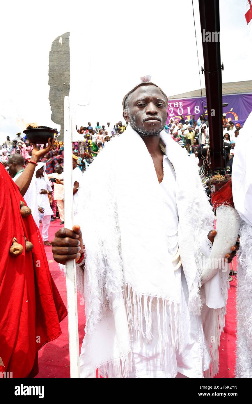 A young man in Yoruba traditional attire during the Olojo Festival, Ile-Ife, Osun State, Nigeria. Stock Photo