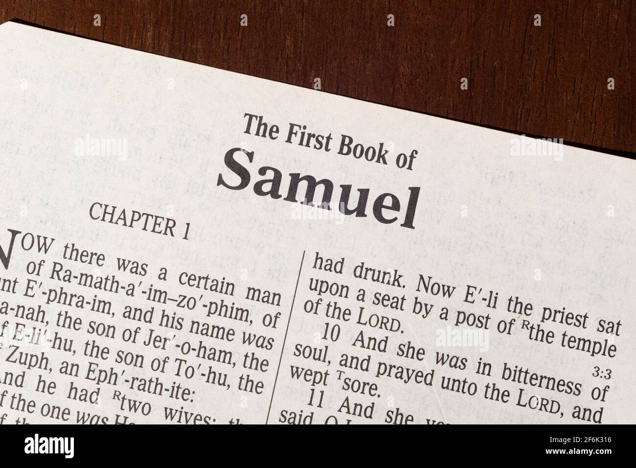 This is the King James Bible translated in 1611.  There is no copyright.  A razor-sharp macro photograph of the first page of the book of First Samuel Stock Photo