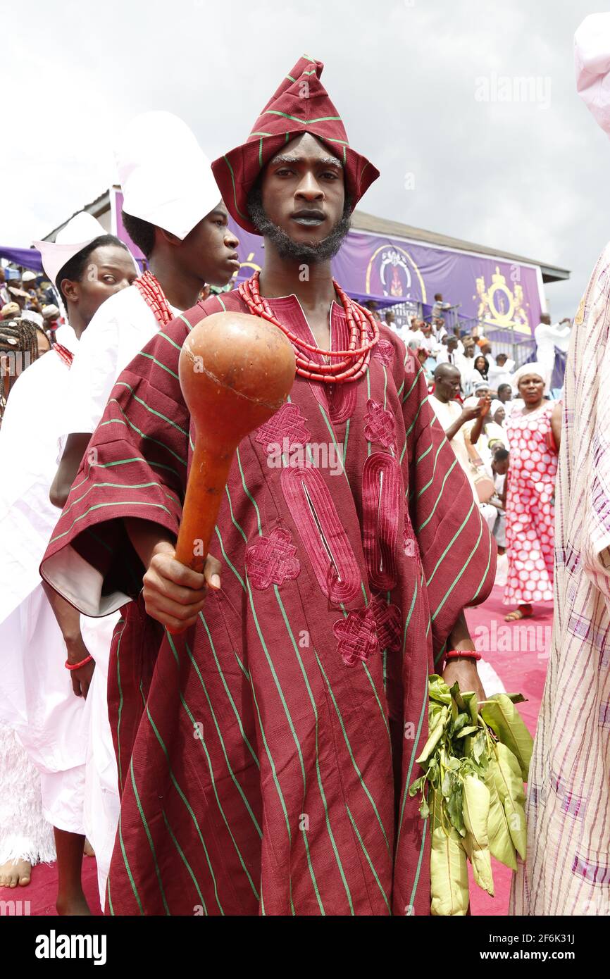 A young man in Yoruba traditional attire during the Olojo Festival, Ile-Ife, Osun State, Nigeria. Stock Photo