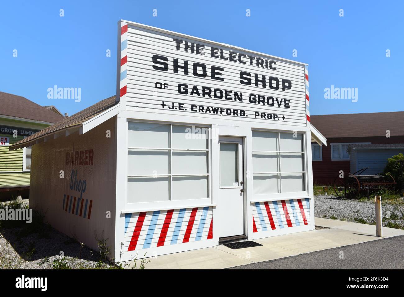 GARDEN GROVE, CALIFORNIA - 31 MAR 2021: The Electric Shoe Shop building at the Stanley Ranch Museum. Stock Photo