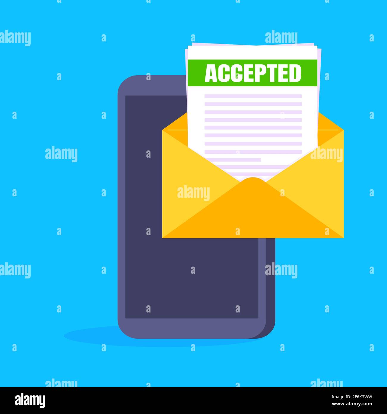 College or university acceptance letter on smartphone screen, open envelope document email. Job employment offer, college acceptance denial or busines Stock Vector