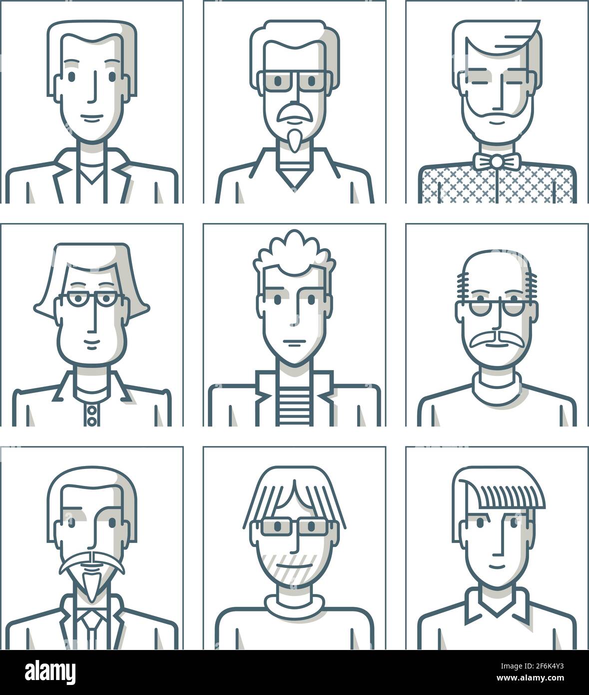 Nine portraits of young men. The drawings are made with simple lines. Stock Vector