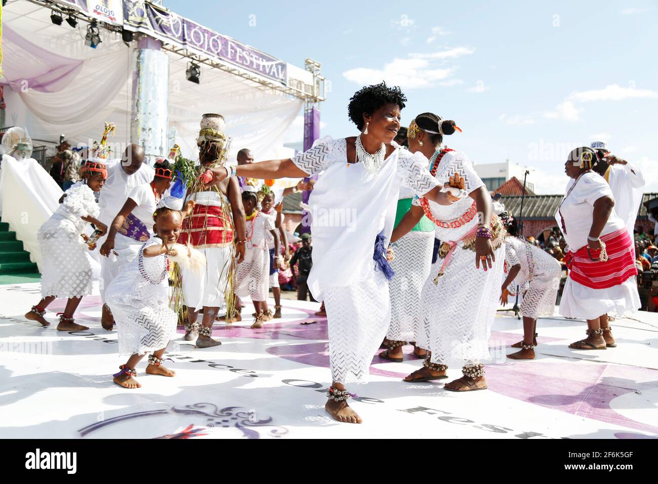 Dancers during the Olojo Festival, Ile-Ife, Osun State, Nigeria. Stock Photo