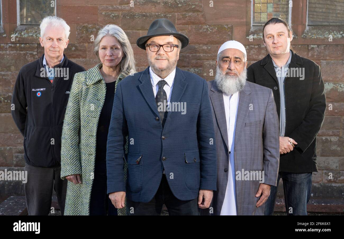 Scone, Perth, Scotland, UK. 1st Apr, 2021. PICTURED: (L-R) Brian Henderson; Linda Holt; George Galloway; Imam Manzoor Khan; James Glen who are all Candidates for Mid Scotland and Fife regional list vote. Exclusive images of George Galloway, Leader of the All For Unity Party. George Galloway is a British Politician, Broadcaster and writer. He currently presents the Mother of all Talk Shows on Radio Sputnik and Sputnik on RT UK. He is photographed for his official Party portrait for the 6th May Scottish Parliament Holyrood Elections. Pic Credit: Colin Fisher/Alamy Live News Stock Photo