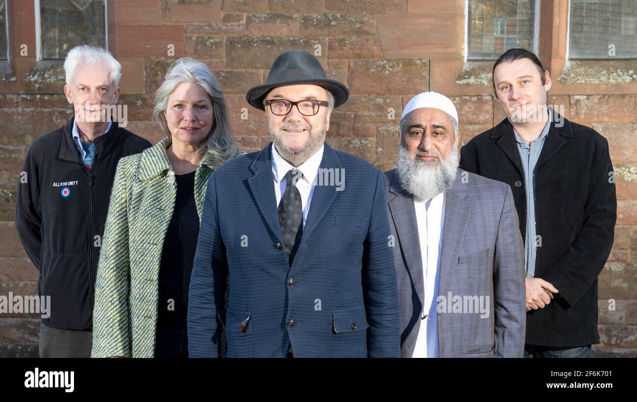 Scone, Perth, Scotland, UK. 1st Apr, 2021. PICTURED: (L-R) Brian Henderson; Linda Holt; George Galloway; Imam Manzoor Khan; James Glen who are all Candidates for Mid Scotland and Fife regional list vote. Exclusive images of George Galloway, Leader of the All For Unity Party. George Galloway is a British Politician, Broadcaster and writer. He currently presents the Mother of all Talk Shows on Radio Sputnik and Sputnik on RT UK. He is photographed for his official Party portrait for the 6th May Scottish Parliament Holyrood Elections. Pic Credit: Colin Fisher/Alamy Live News Stock Photo