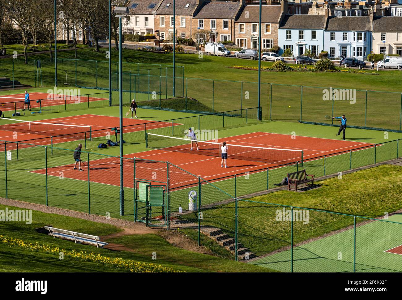 North Berwick, East Lothian, Scotland, United Kingdom, 1st April 2021. UK Weather: Spring sunshine. Pictured: the public tennis courts are busy with people enjoying a game of tennis the day before lockdown restrictions ease during the Covid-19 pandemic Stock Photo