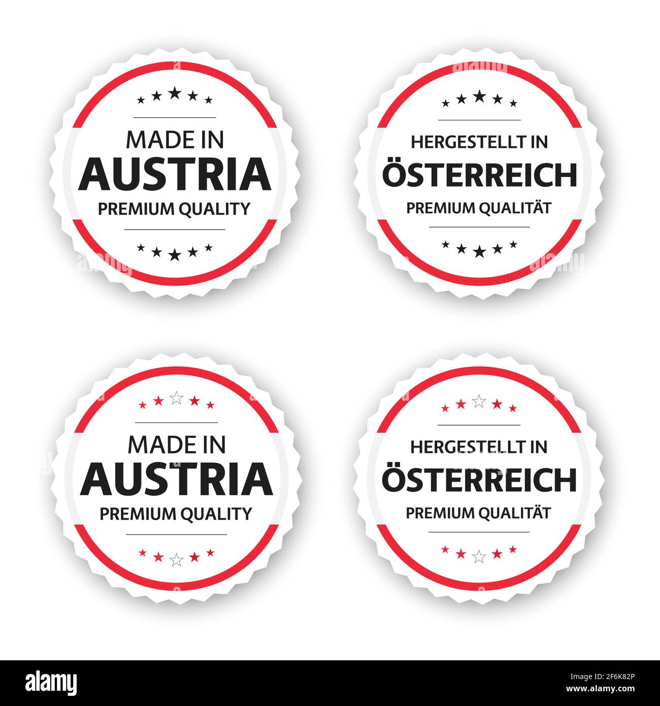Set of four Austrian labels. Made in Austria In German Hergestellt in Österreich. Premium quality stickers and symbols with stars. Simple vector illus Stock Vector