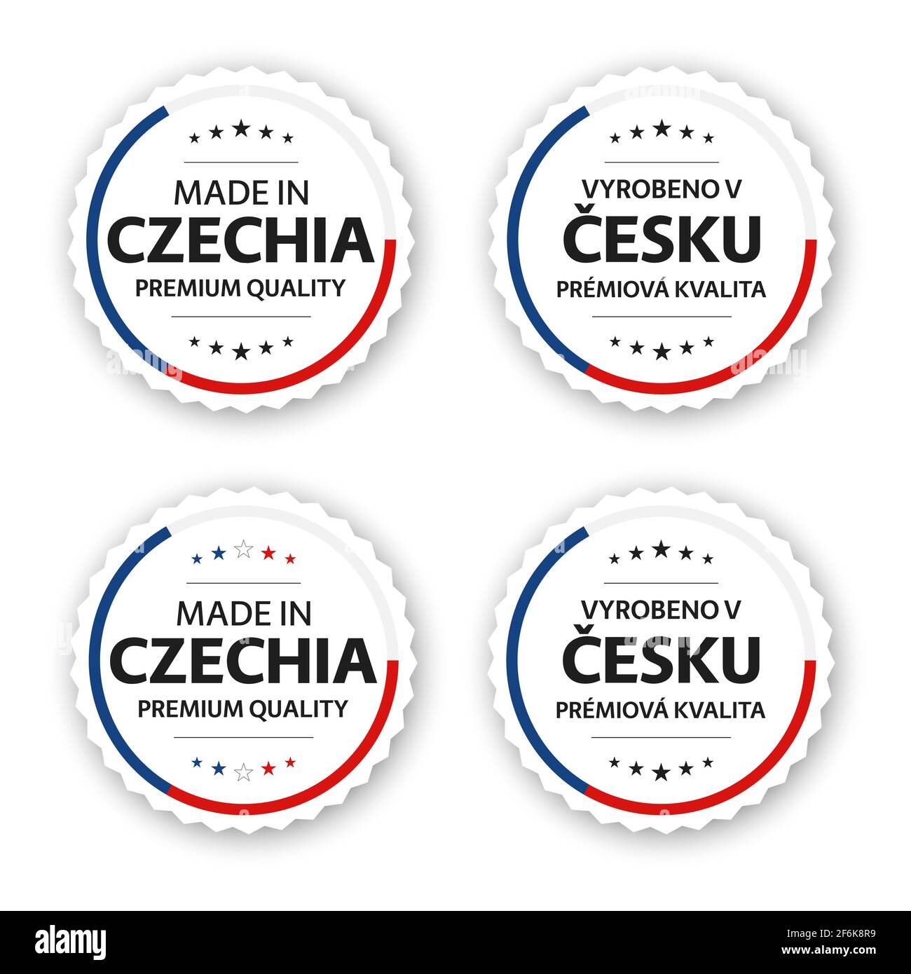 Set of four Czech labels. Made in Czechia In Czech Vyrobeno v Česku. Premium quality stickers and symbols with stars. Simple vector illustration isola Stock Vector